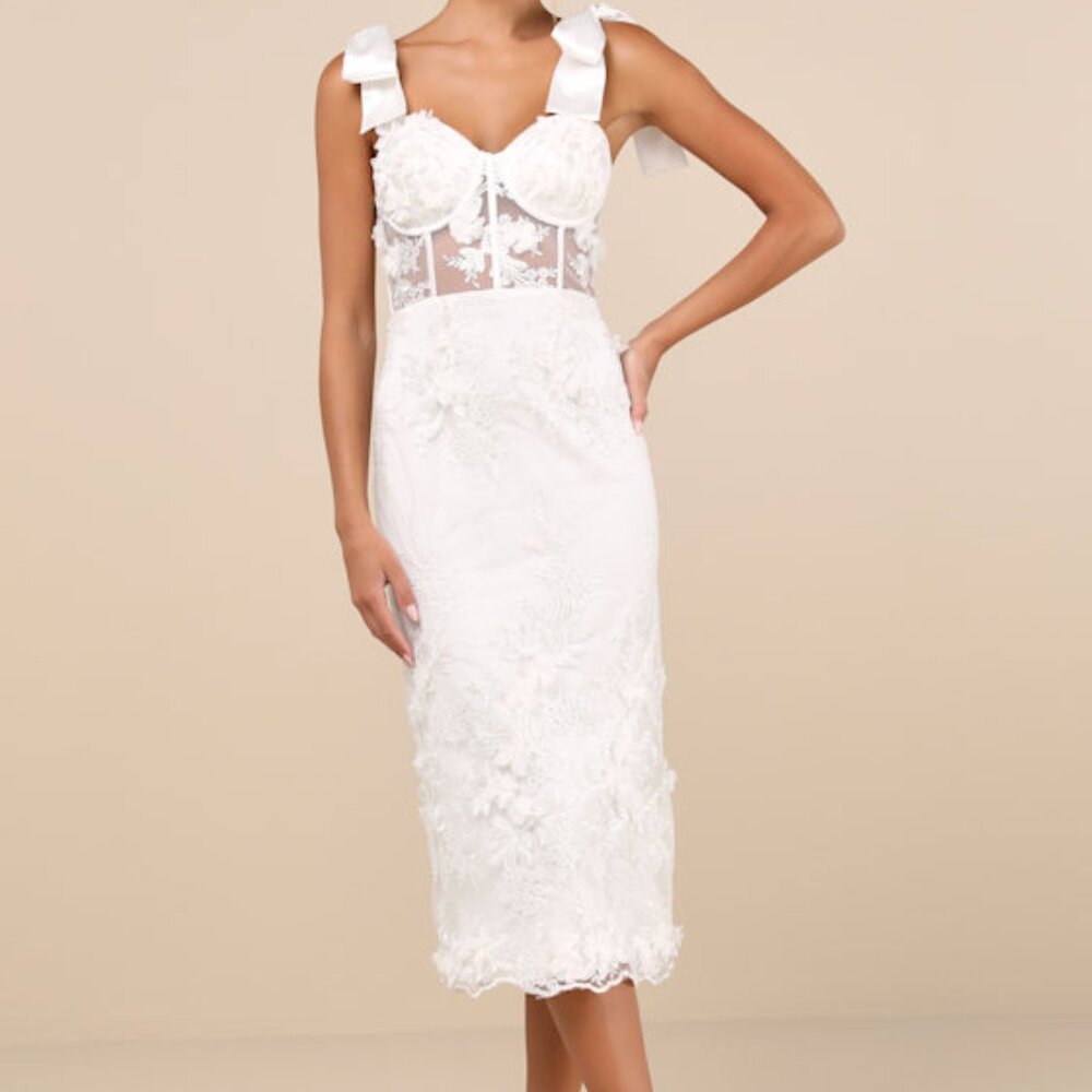 Lulus Exquisite Charisma White 3d Floral Bustier Tie-strap Midi Dress - Size L